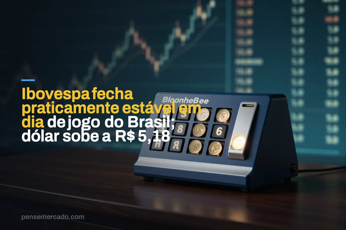 Ibovespa fecha praticamente estável em dia de jogo do Brasil; dólar sobe a R$ 5,18
