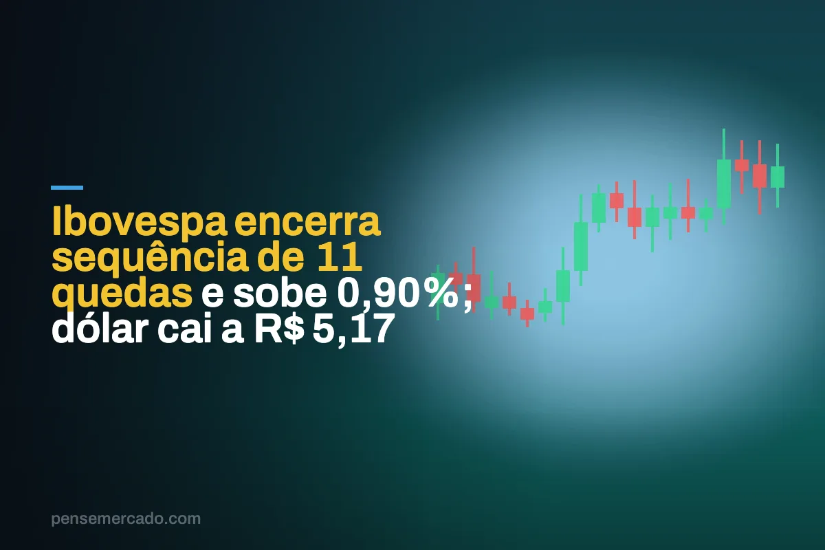 Ibovespa encerra sequência de 11 quedas e sobe 0,90%; dólar cai a R$ 5,17