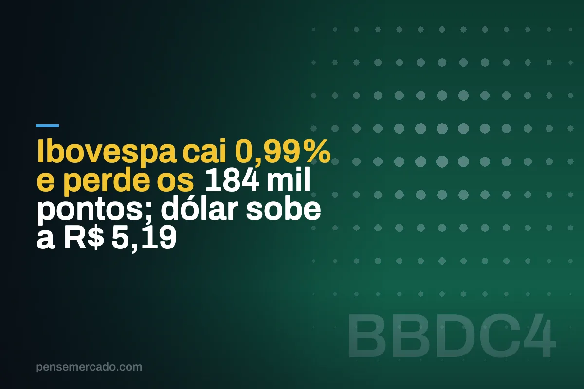 Ibovespa cai 0,99% e perde os 184 mil pontos; dólar sobe a R$ 5,19